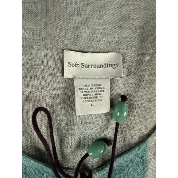 Soft Surroundings Linen Tunic Top Size L Gray Aqua Lace Boho 3/4 Sleeves - Picture 6 of 16